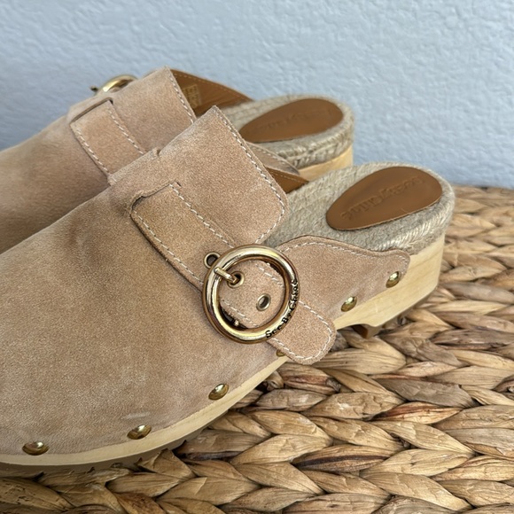 Tan Suede Clogs with Gold Buckle - Picture 3 of 7